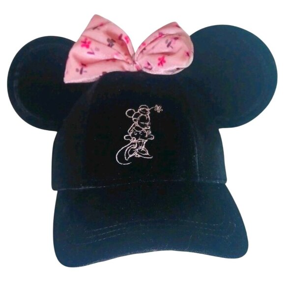 New Minnie Mouse Ears  Adult Velvet Adjustable Hat Cap With Pink Floral Bow - Picture 1 of 10